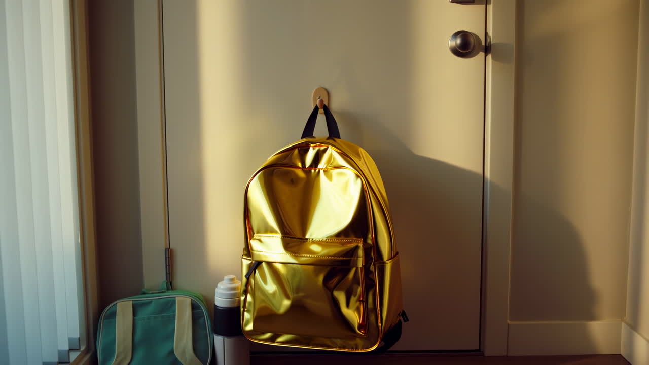 Gold Backpack By Door Near Thermos, Sunlit Entryway Scene Shows Metallic Sheen, Teal Lunch Bag, Insulated