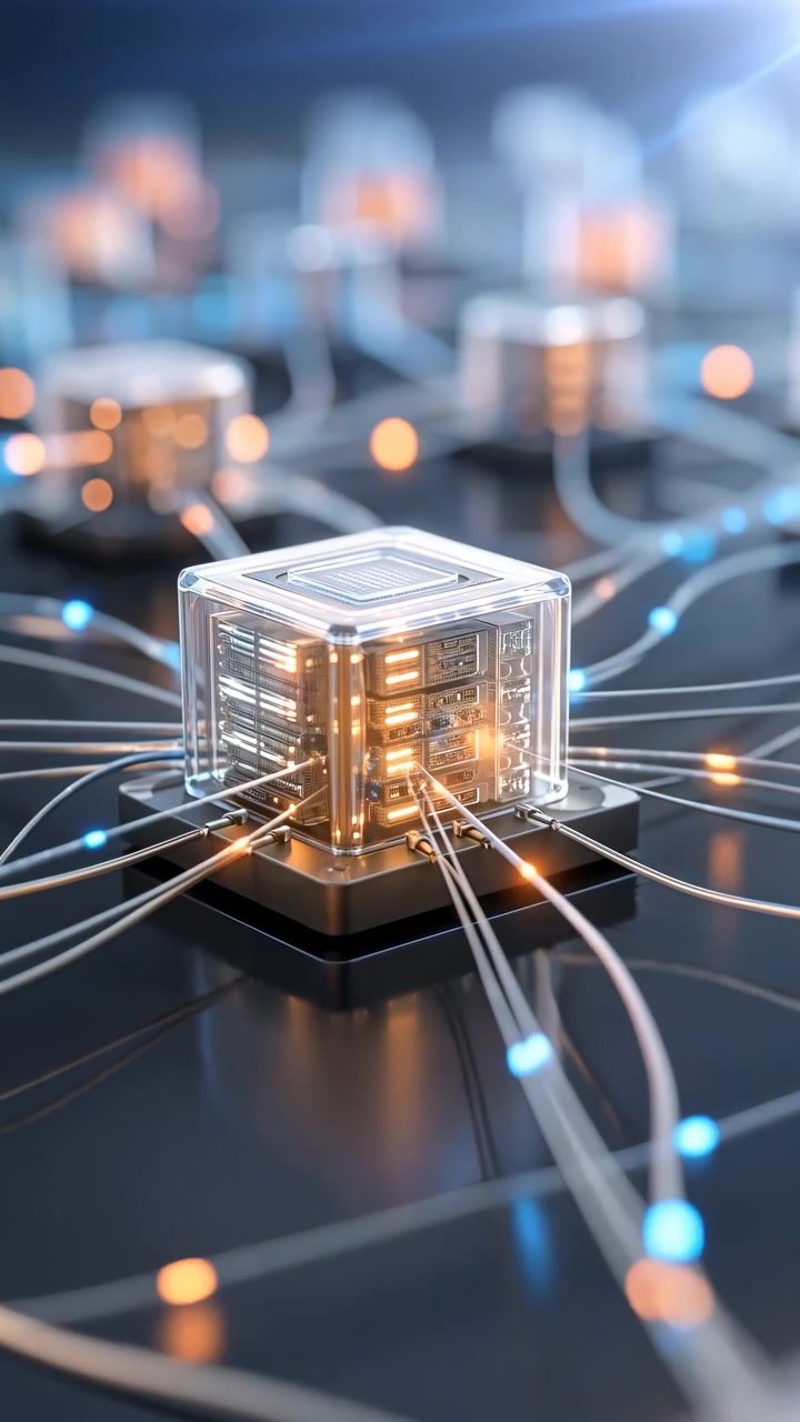 Forward movement centers on one clear cube while surrounding modules recede into soft focus, linked by bright paths and warm cool lights reflected across a glossy dark platform.