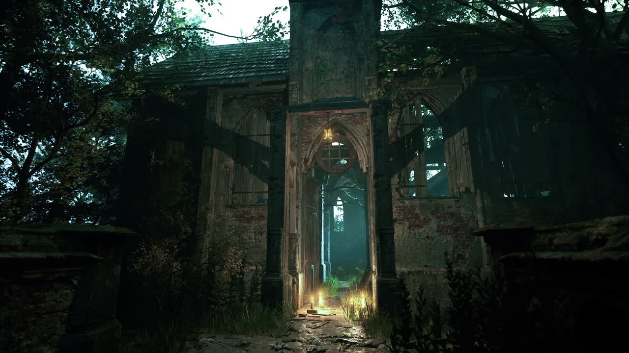 iglesia abandonada en un bosque oscuro