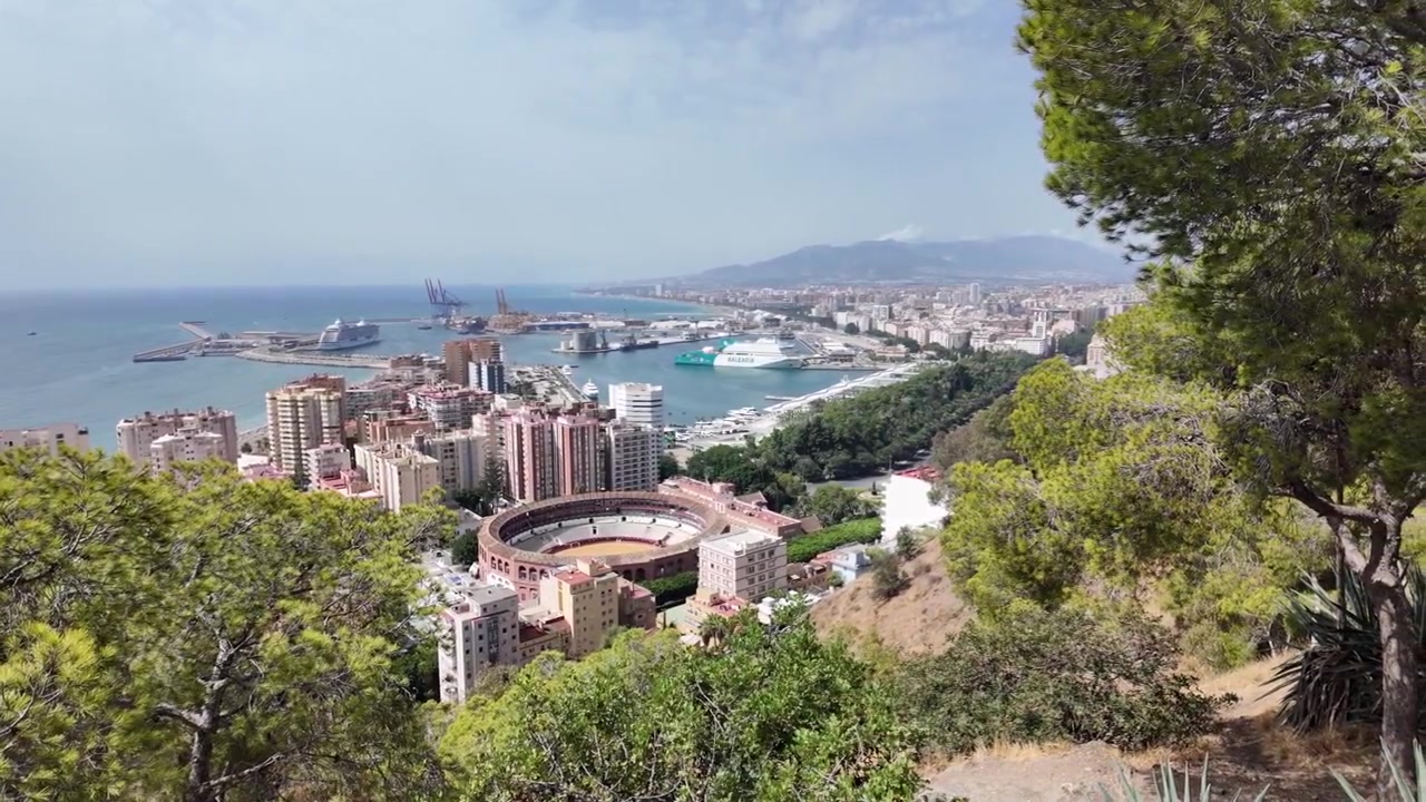 Vista aerea dell'arena di Malaga e del porto mediterraneo, Spagna