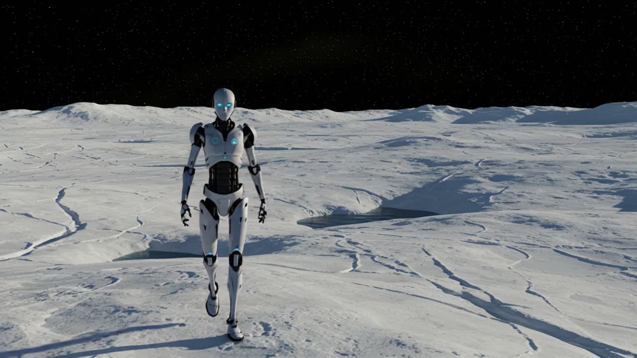 A humanoid robot explores an alien landscape covered in deep white snow, standing resiliently in a lonely expanse under a starlit sky, embodying the future of technology and exploration