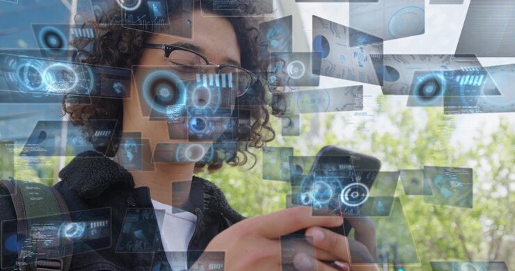 Animation of screens with circles, graphs, computer language over man using cellphone