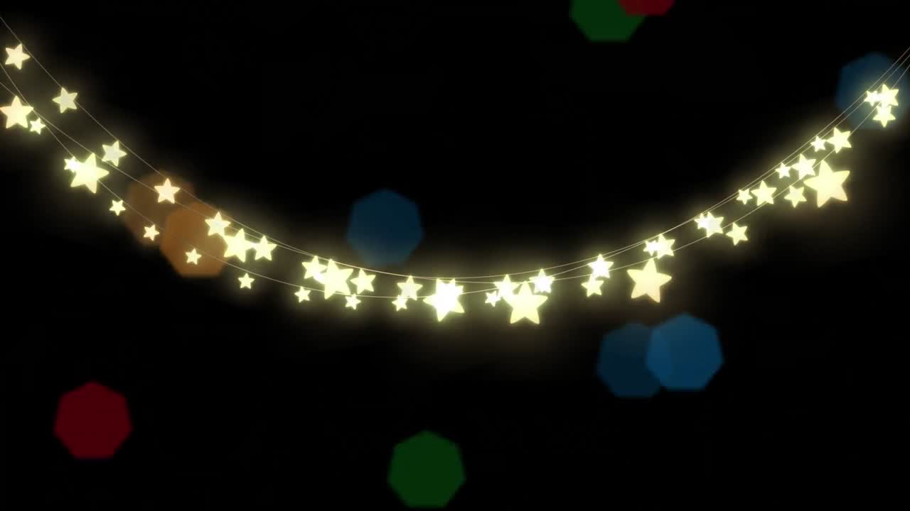Animation of glowing string on stars and christmas fairy lights flickering