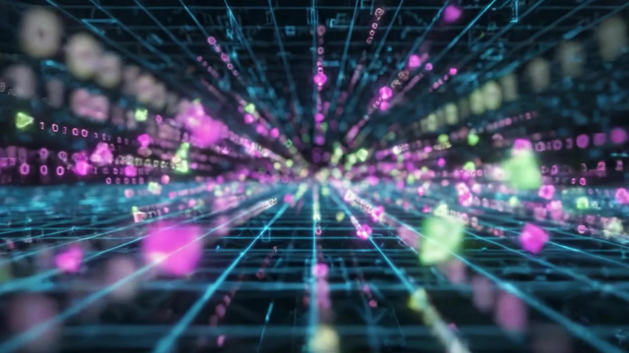 Dynamic Digital Landscape Representing the Transition from a Grid System to a Burst of Vibrant Data Points and Binary Code in a Futuristic Environment