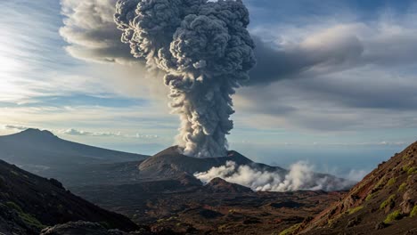 majestic eruption: a powerful volcanic explosion spewing ash and smoke into the sky, dominating the landscape with raw natural energy and geological forces