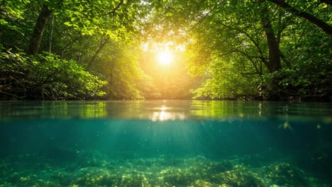 tranquil river scene bathed in golden sunshine surrounded by lush greenery, capturing a serene moment in nature's embrace with reflection on the water