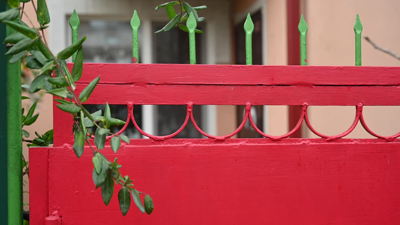 Red and green metal door at the entrance of a house yard
