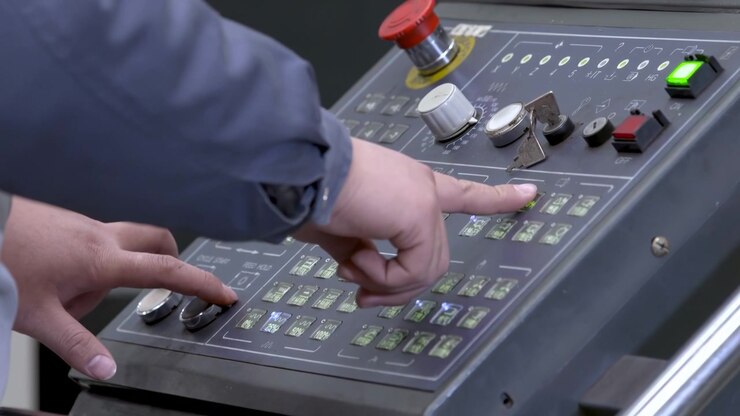 Dedicated operator factory worker technician operating automated advanced CNC machines control panel machinery illuminated buttons switches industrial manufacturing plant control room skilled craftman