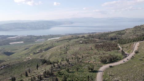 toma aérea de un dron que avanza paisaje de pradera verde alturas del golán niebla matutina - israel