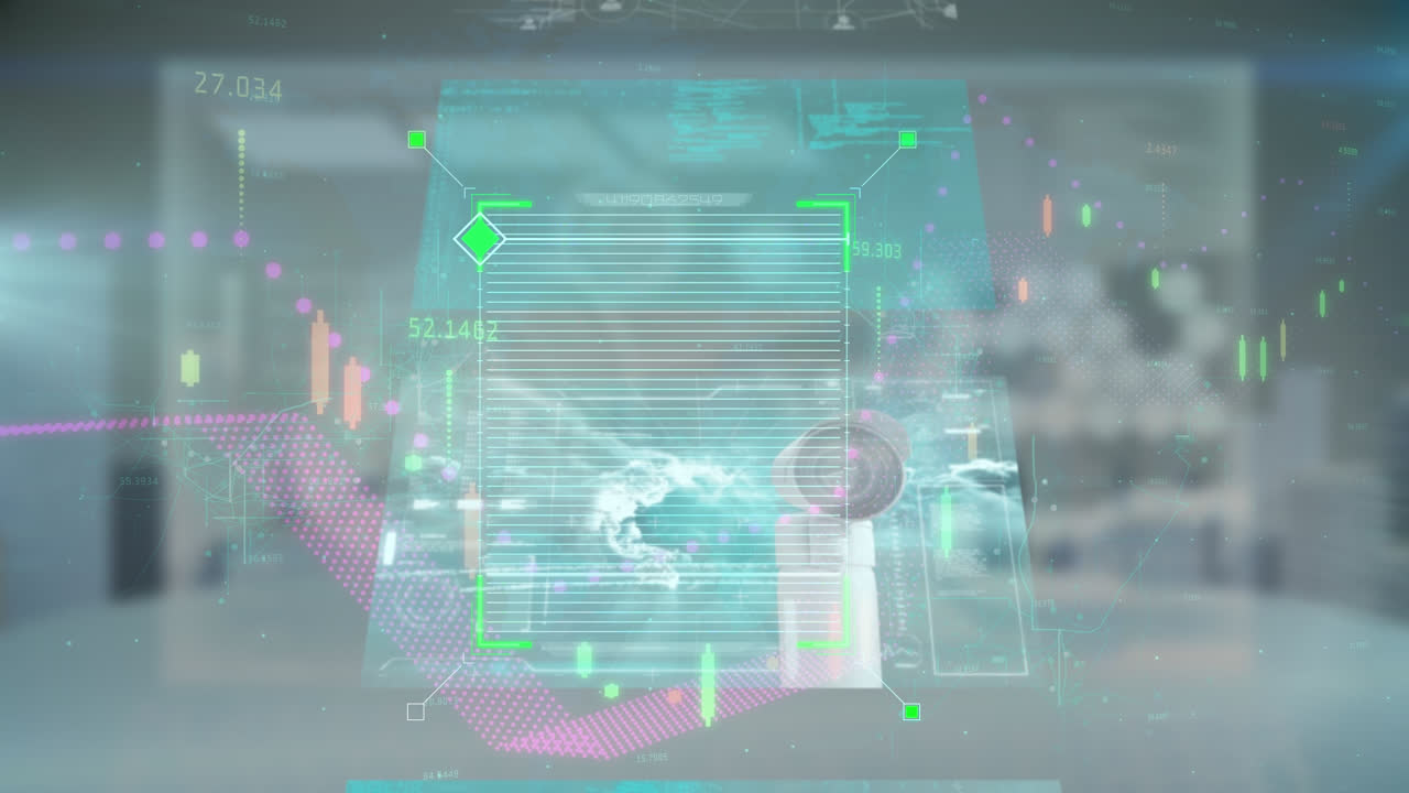 animación del procesamiento de datos en pantallas digitales que se mueven en espacio gris