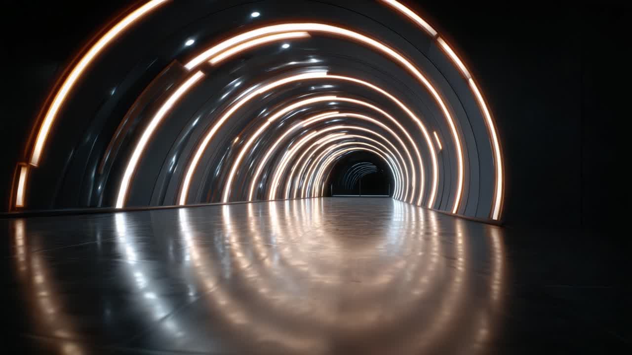 Oplyst tunnel med reflekterende gulv og futuristisk design, der fremviser symmetriske kurver og moderne lyselementer og indbyder til udforskning