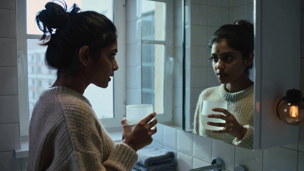 Una donna in maglione solleva un bicchiere e beve al lavandino del bagno, incontrando lo specchio per riflettersi, con spazio per il testo.