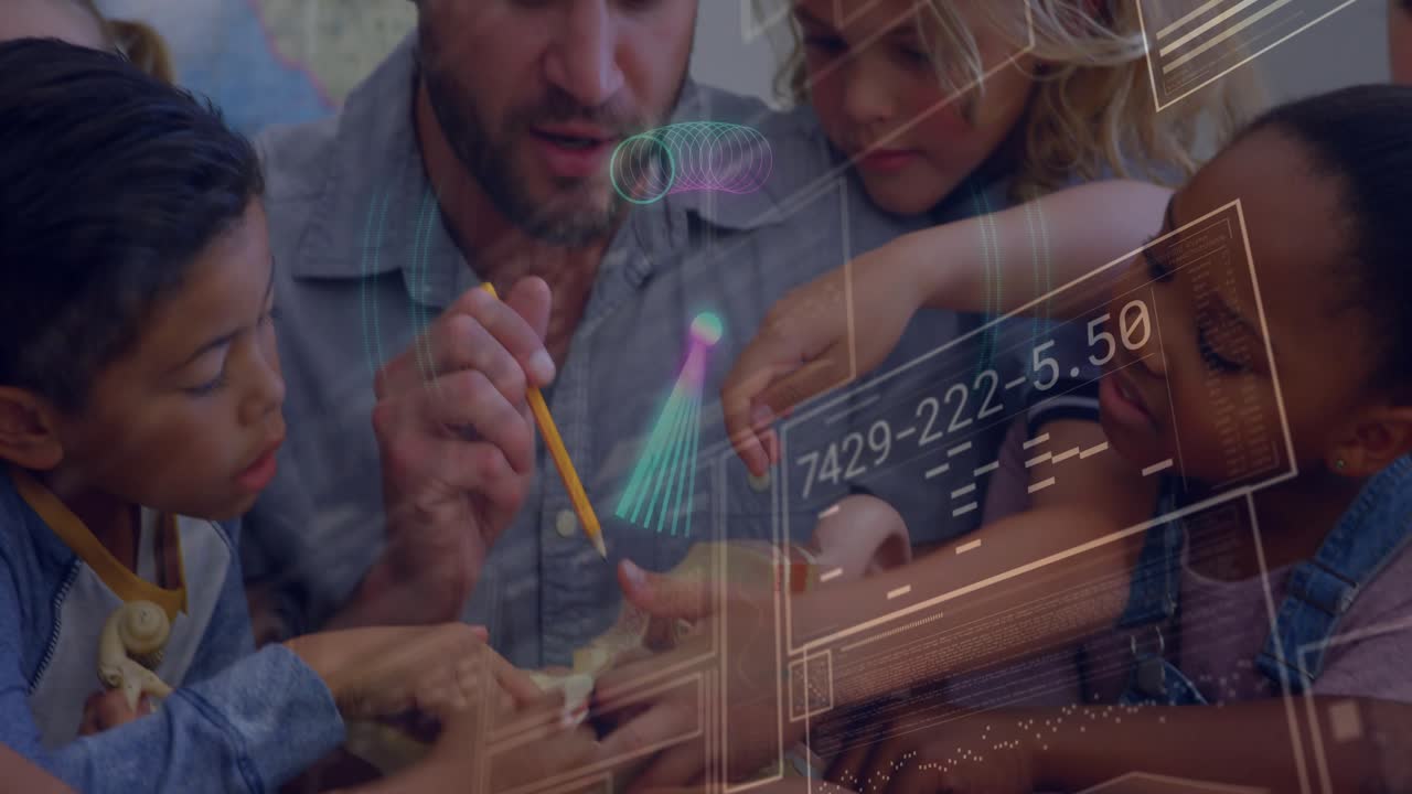 Male teacher guiding children reaching model in classroom, HUD overlays marking parts for learning
