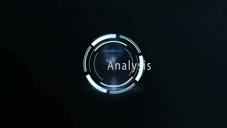 analysis text animation with futuristic circular interface on dark background