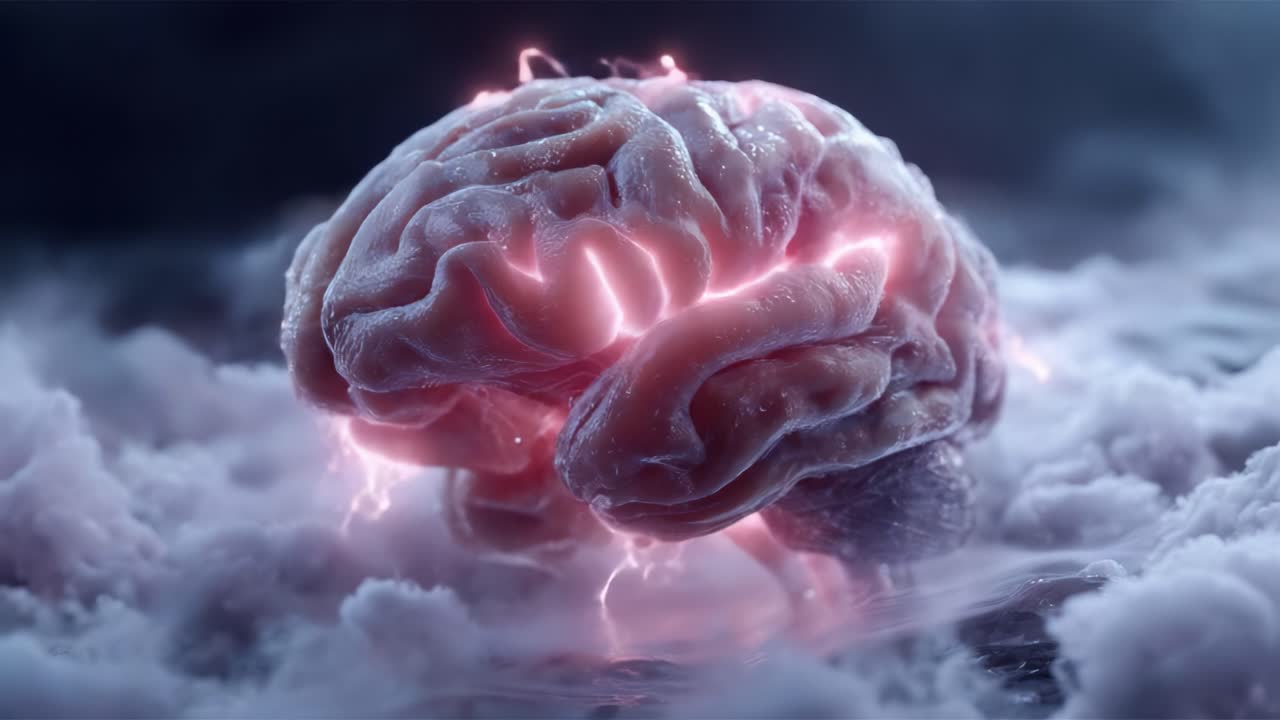 A Stunning Digital Visualization of a Brain Surrounded by Ethereal Clouds, Illuminated with Pulsating Light and Electric Energy Representing Thoughts and Creativity