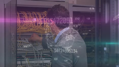 Globe-of-network-of-connections-against-caucasian-male-engineer-working-in-computer-server-room