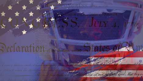 animation of african american american football player and flag of usa