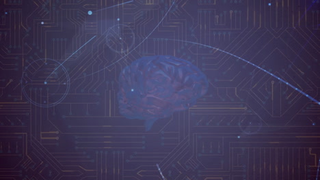 Animation of network of connections with digital brain over computer circuit board