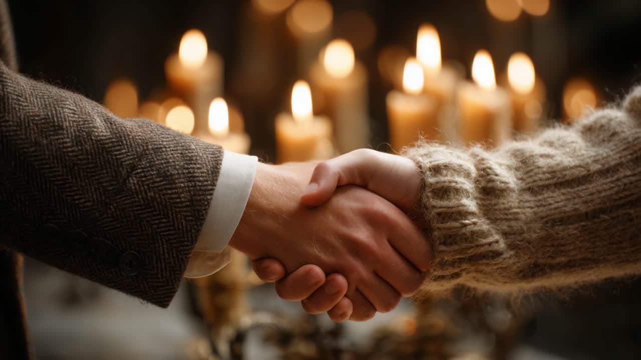A warm handshake exchanged between two individuals in a softly lit setting, illuminated by the warm glow of candles, capturing the essence of connection and agreement