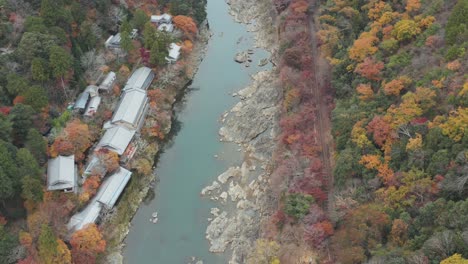 4k arashiyama and katsura river with japanese shrine, high aerial view in autumn color