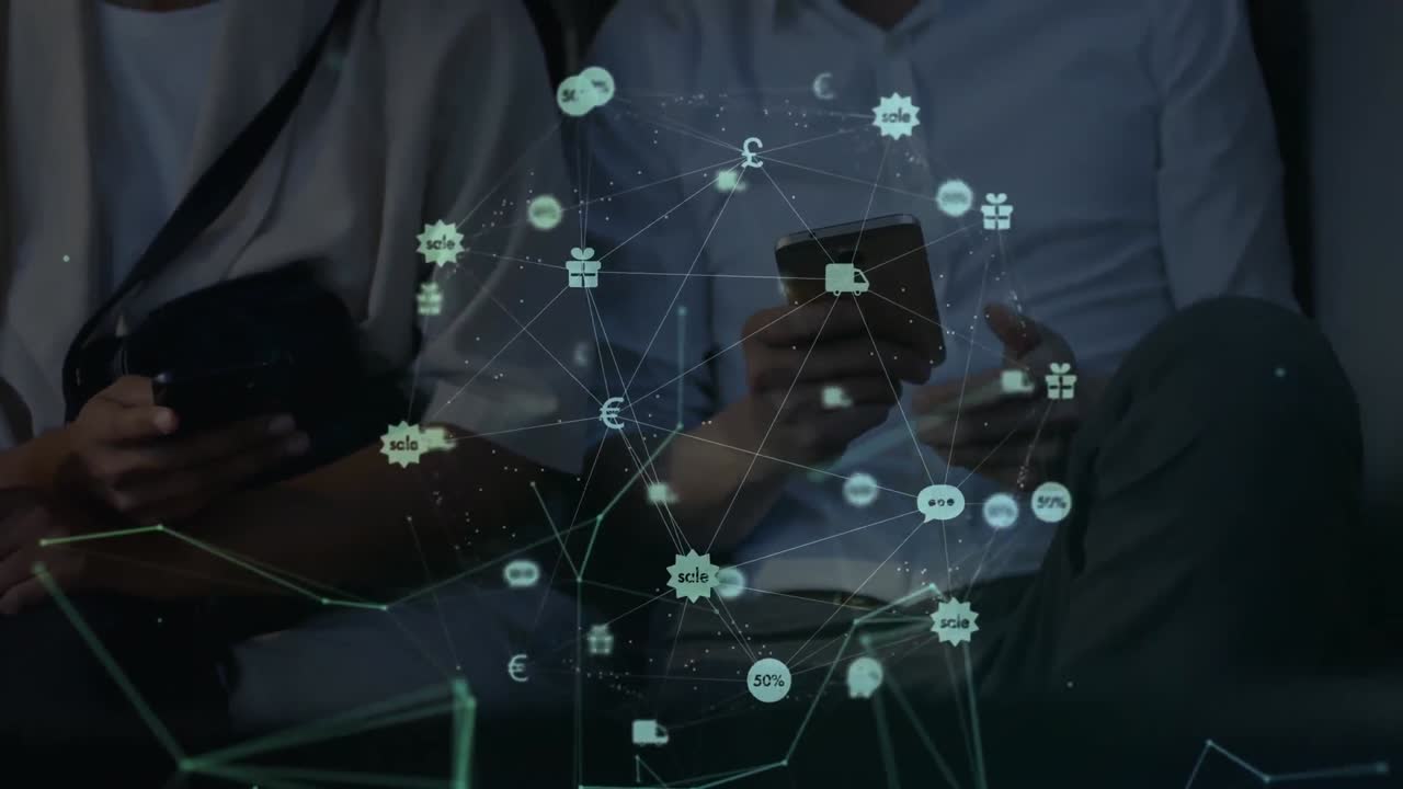 video compuesto digital de la red de conexiones con iconos que se mueven contra las personas que usan teléfonos inteligentes en b