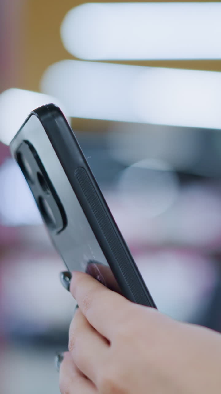 vista de mano de cerca de alguien que opera el teléfono con enfoque en el lado del dispositivo y fondo borroso suave, enfatizando el uso de teléfonos inteligentes y el estilo de vida en un entorno moderno y de moda