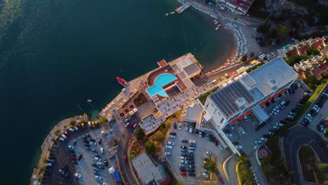 bird's eye view on the tourist resort in neum, bosnia and herzegovina during summer - drone shot