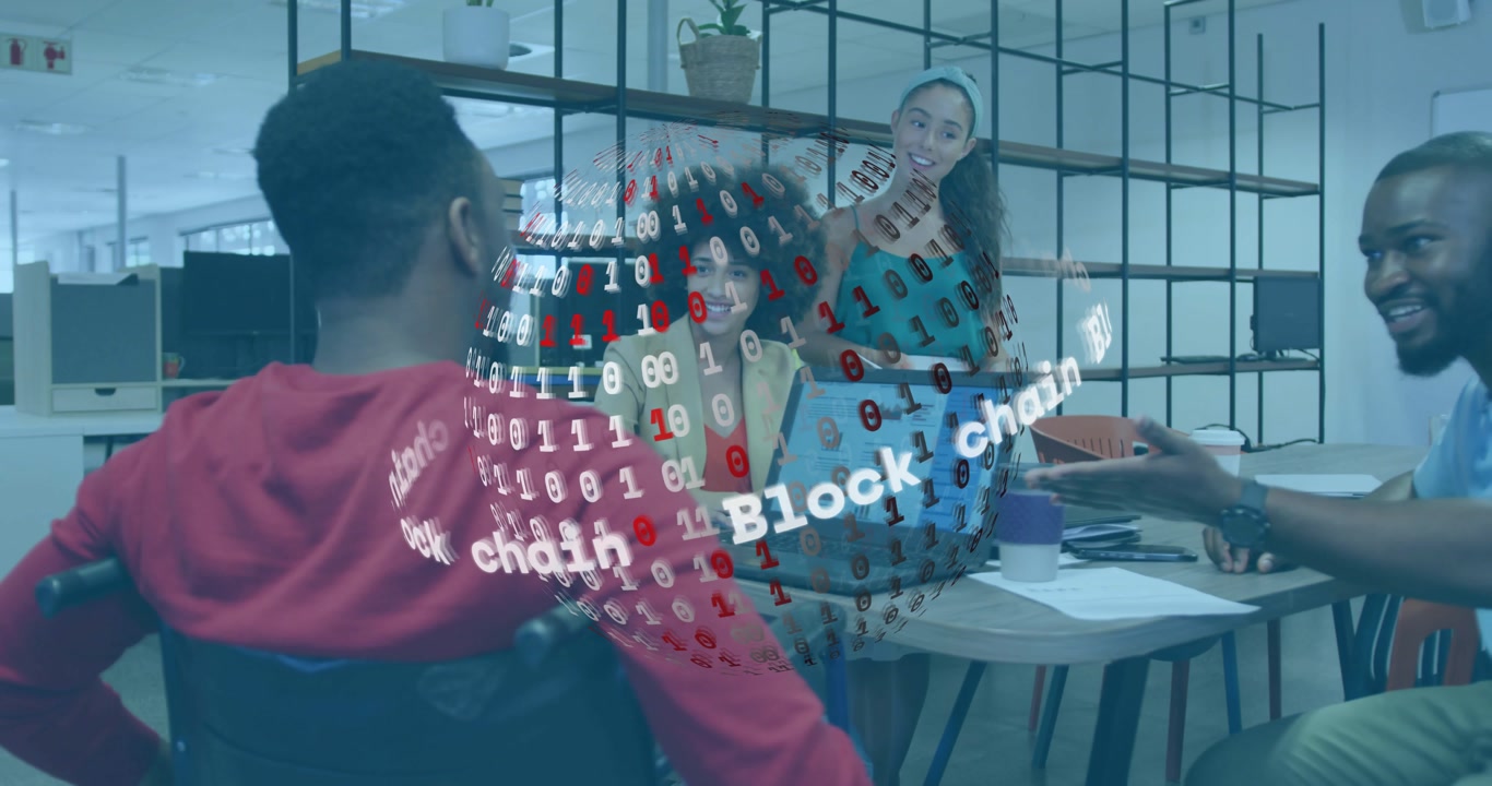 Coworkers sitting at table watching blockchain globe emerging and rotating for tech discussion