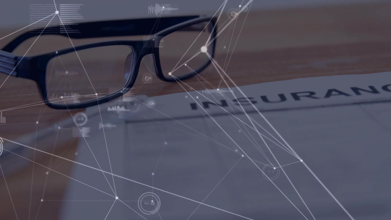 Network fading in over eyeglasses and insurance form, lines extending and HUD pulsing for analysis
