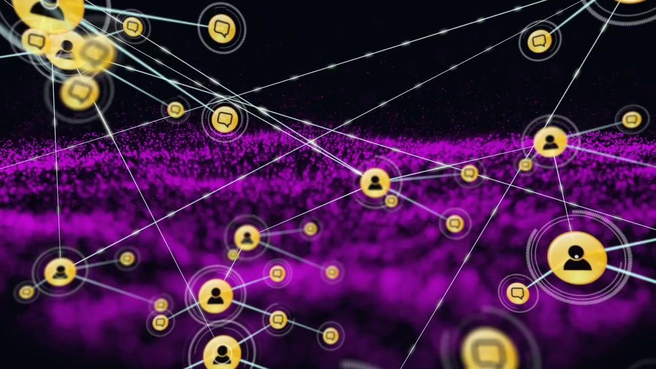 Connessione di rete digitale con icone utente e fumetti di chat