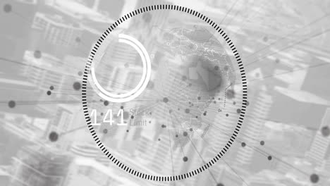 animation of globe in circle, loading circles and changing numbers over modern city in background