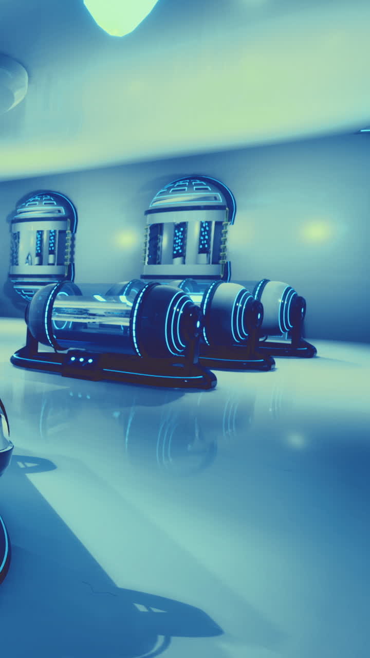 Futuristic energy pods glowing in a sleek high tech environment