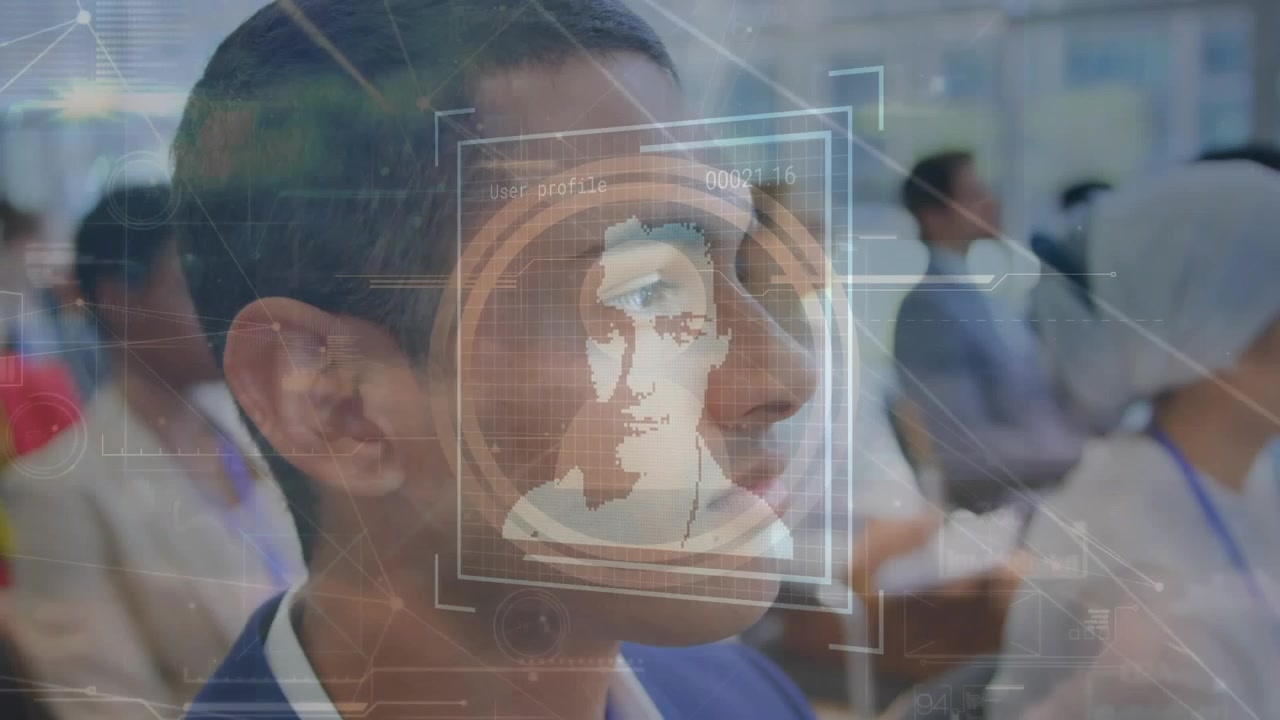 Animazione di foto biometrica e reti su persone d'affari in ufficio.