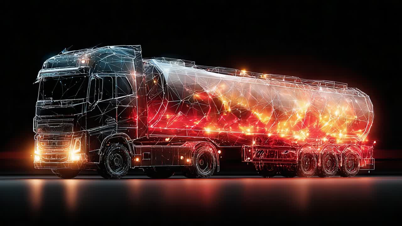 A Digital Visualization of a Modern Fuel Tanker Truck, Showcasing Futuristic Technology with Vibrant Light Patterns and Dynamic Connectivity Features