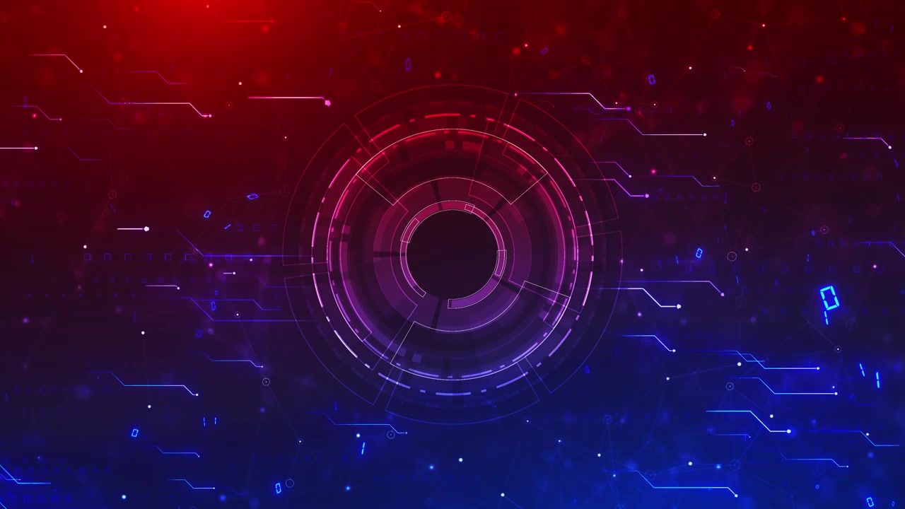 Sfondo di dati di uno scanner cyber ad anello con elementi HUD circolari a gradiente rosso e blu e luminosi.