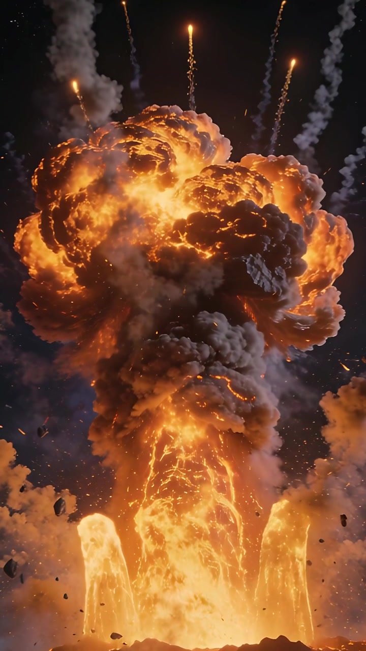 Vertical video: Erupting rocky vent releasing molten lava and ash at night, forming mushroom cloud