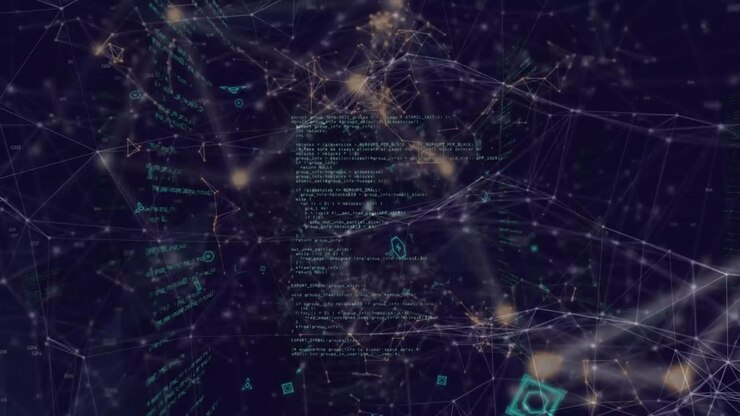 Animation of network of connections with icons and data processing on blue background