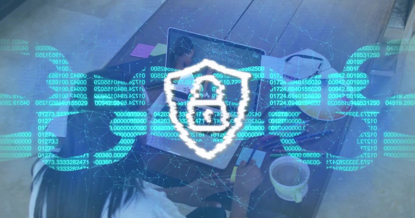 Woman tapping phone, cyan data forming glitchy padlock shield over laptop, security protecting data
