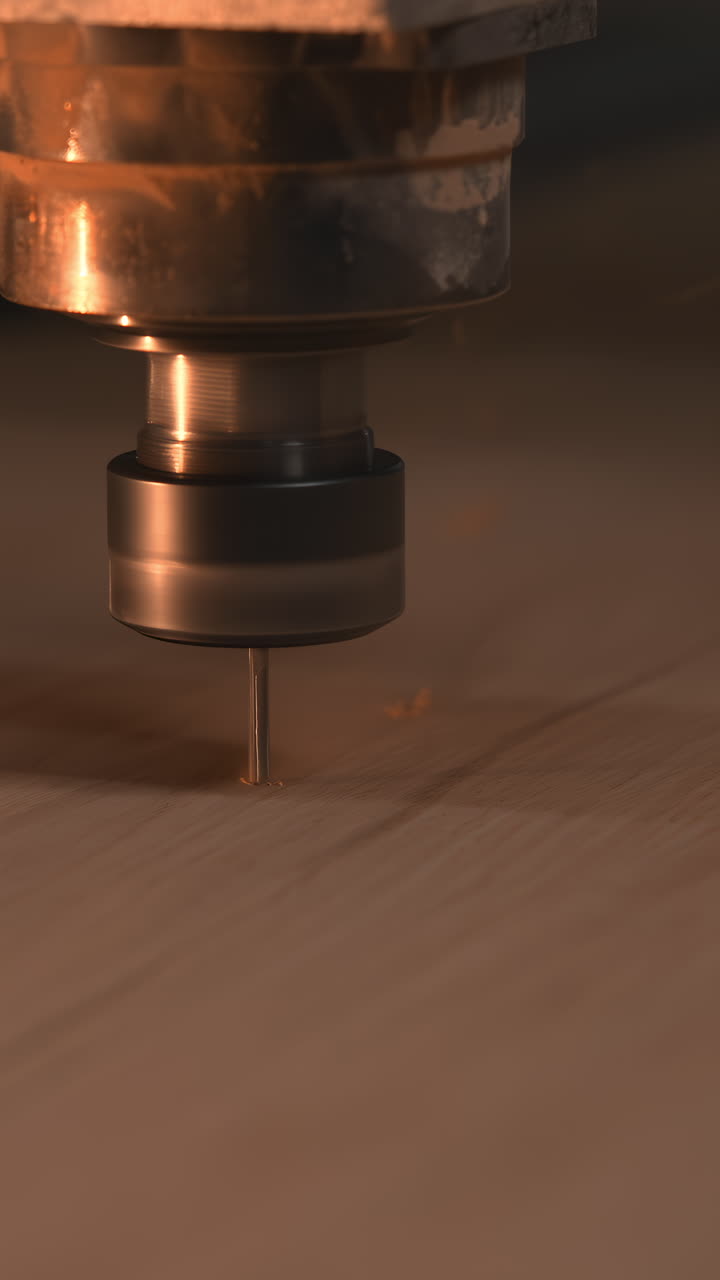 Primo piano del mandrino di fresatura che si avvicina a un pannello di legno, discesa costante, posizionamento accurato, illuminazione industriale.