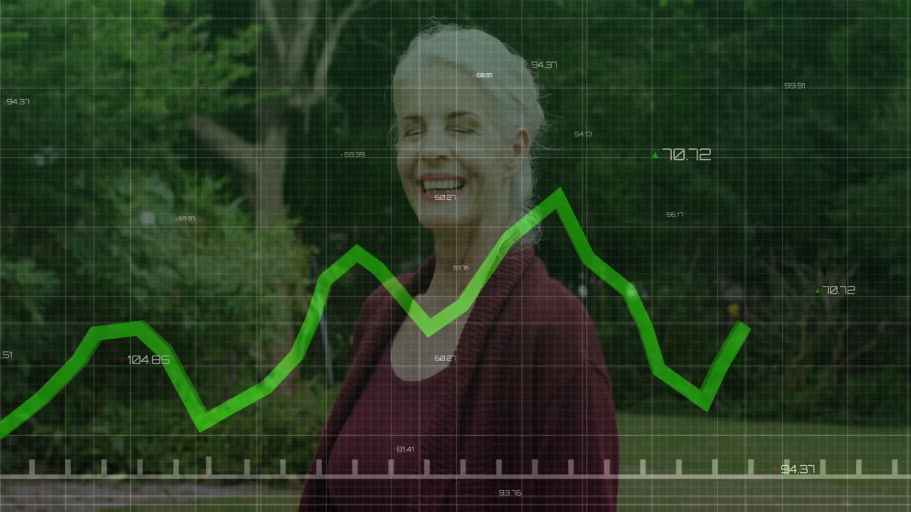 En moden kvinde reagerer smilende og leende, mens et forretningsgitterdiagram glider ind fra venstre.
