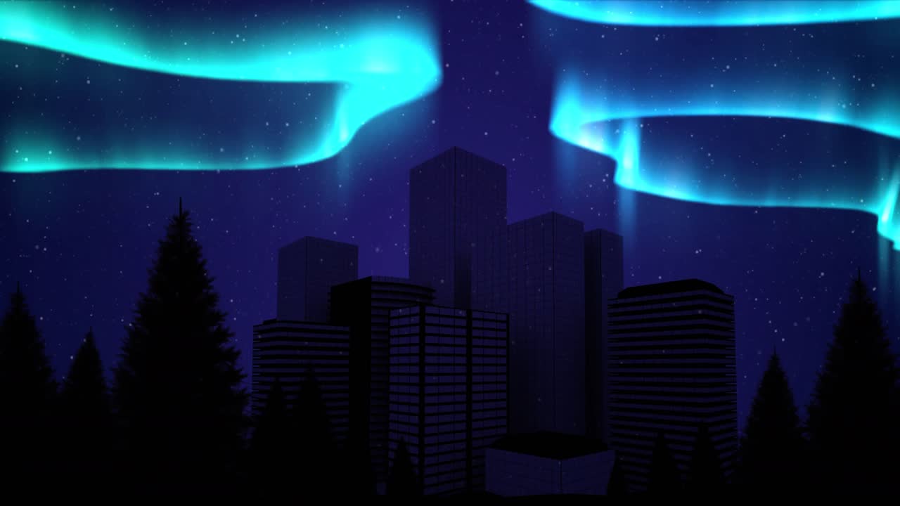 Animation of city at christmas over aurora