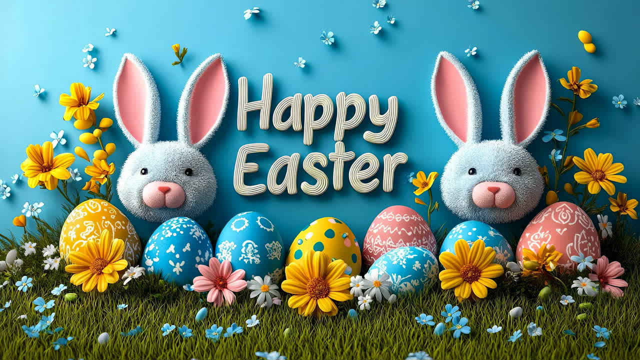 Coniglietti che festeggiano le uova di Pasqua! Due soffici coniglietti sono seduti accanto a uova e fiori decorati in modo vivace, per festeggiare la Pasqua in un'allegra ambientazione primaverile.