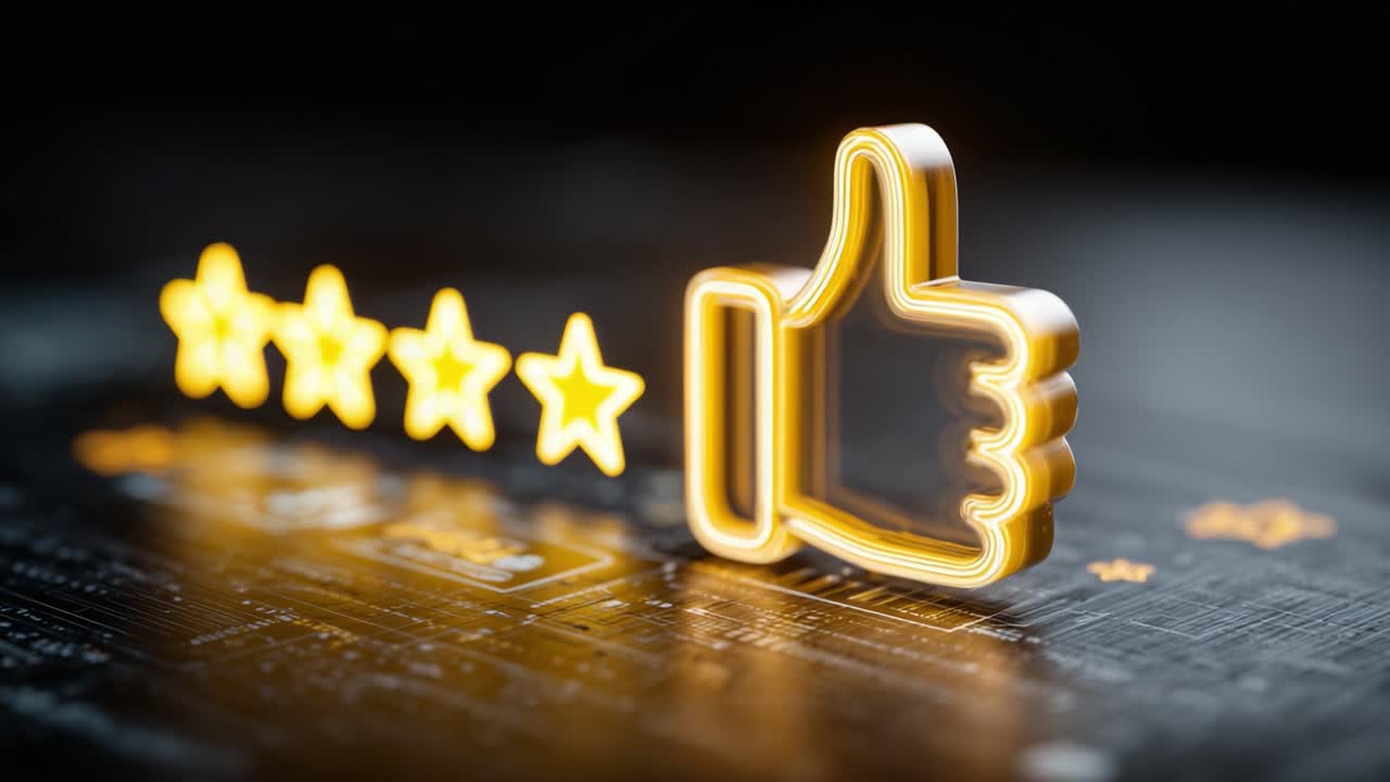 A Glowing Thumbs Up and Five Star Rating Symbolizing Positive Feedback and Customer Satisfaction in a Digital Landscape