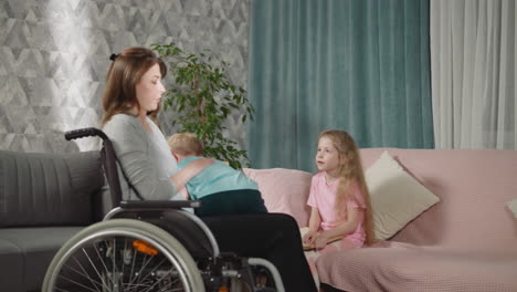 mother with injury strokes back of son talking to daughter