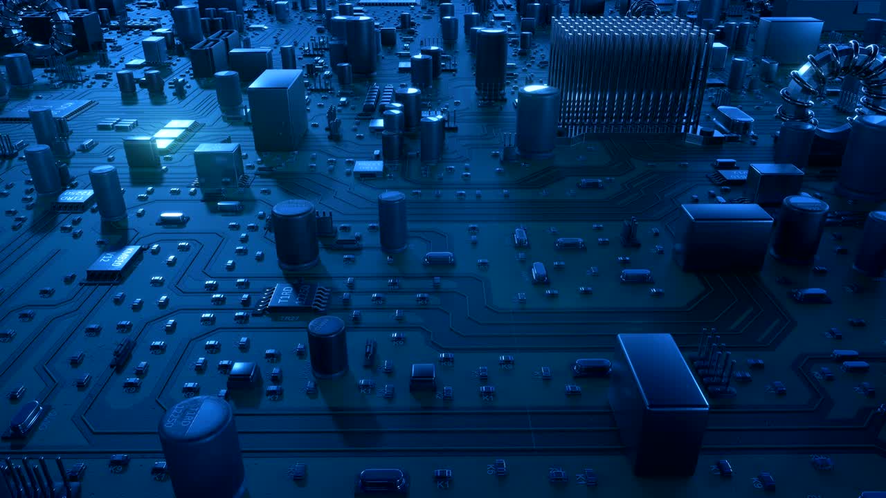 hermoso vuelo sobre la placa de circuito azul. animación en bucle 3d de la placa base con llamaradas. tecnología y concepto digital.