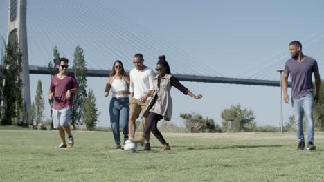 Playful-friends-running-and-kicking-ball-on-meadow.