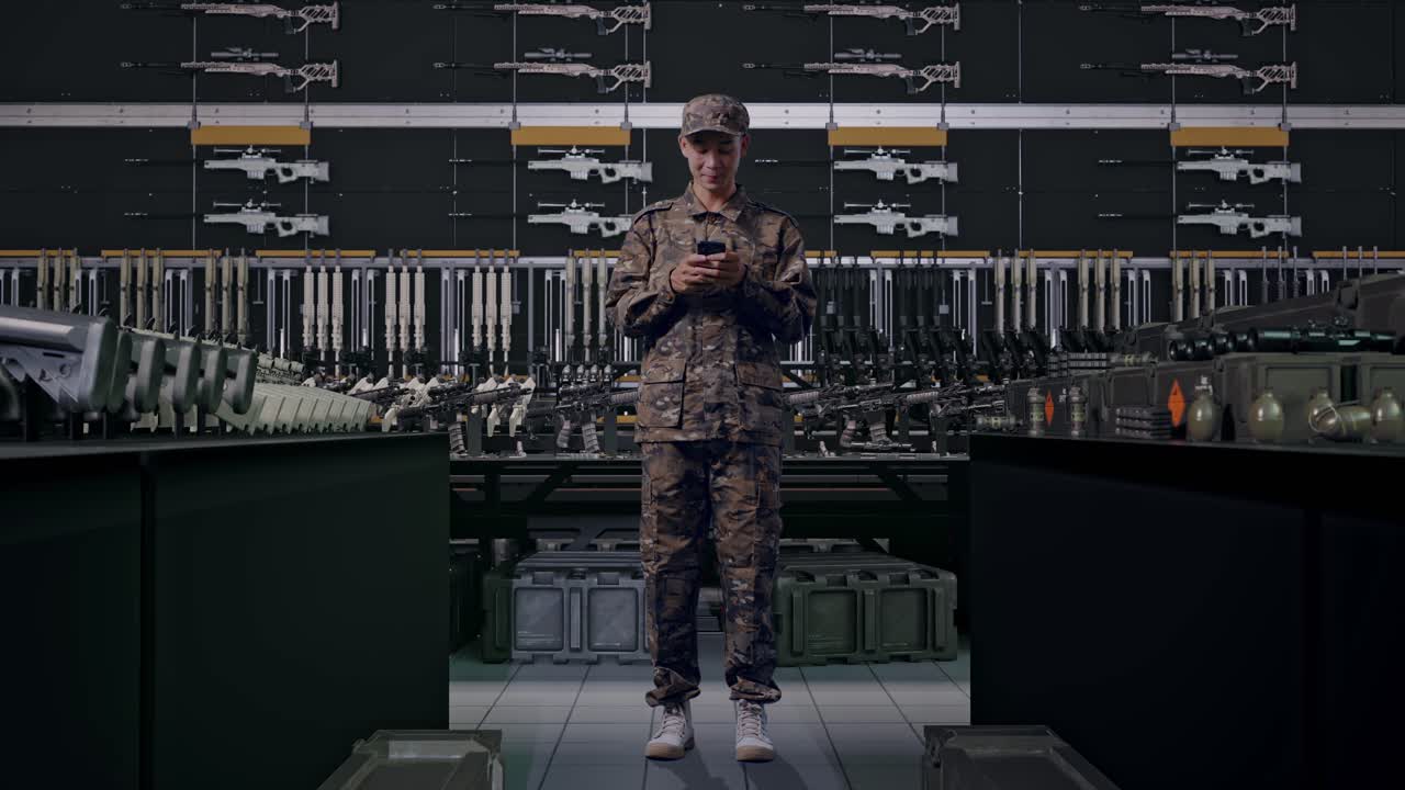 uomo asiatico soldato a figura intera che usa uno smartphone in un arsenale militare