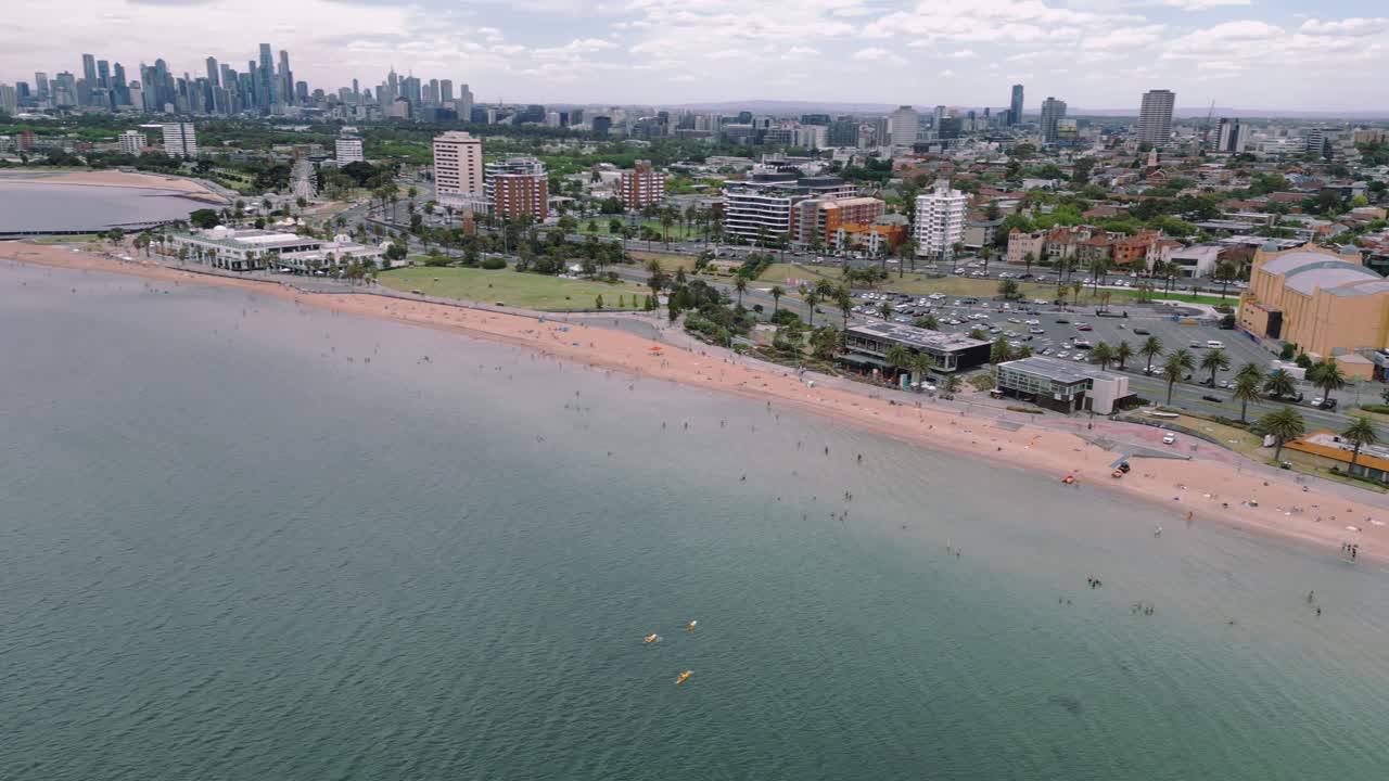 Panning reveal of St Kilda Beach and the Melbourne City Skyline in Summer of 2024.