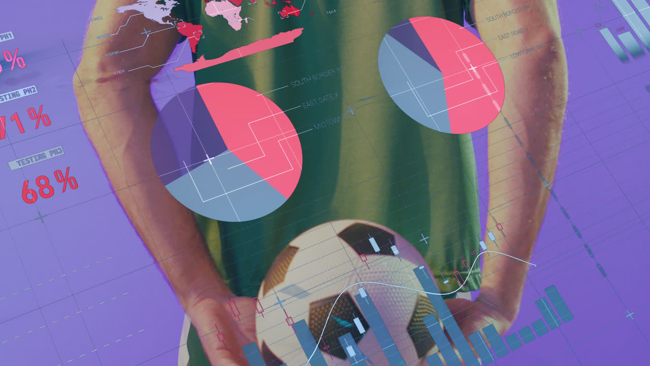 animación de gráficos y datos en la interfaz sobre el jugador de fútbol masculino caucásico sosteniendo la pelota