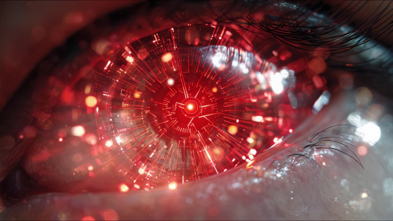Macro shot of a human eye with a red, glowing digital interface reflecting in the pupil, representing concepts like artificial intelligence, virtual reality, and advanced bionic technology
